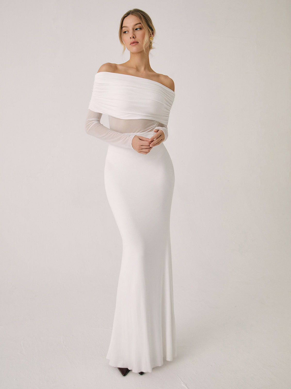 Overfold Off-Shoulder Mesh Long Sleeve Long Dress - View 11