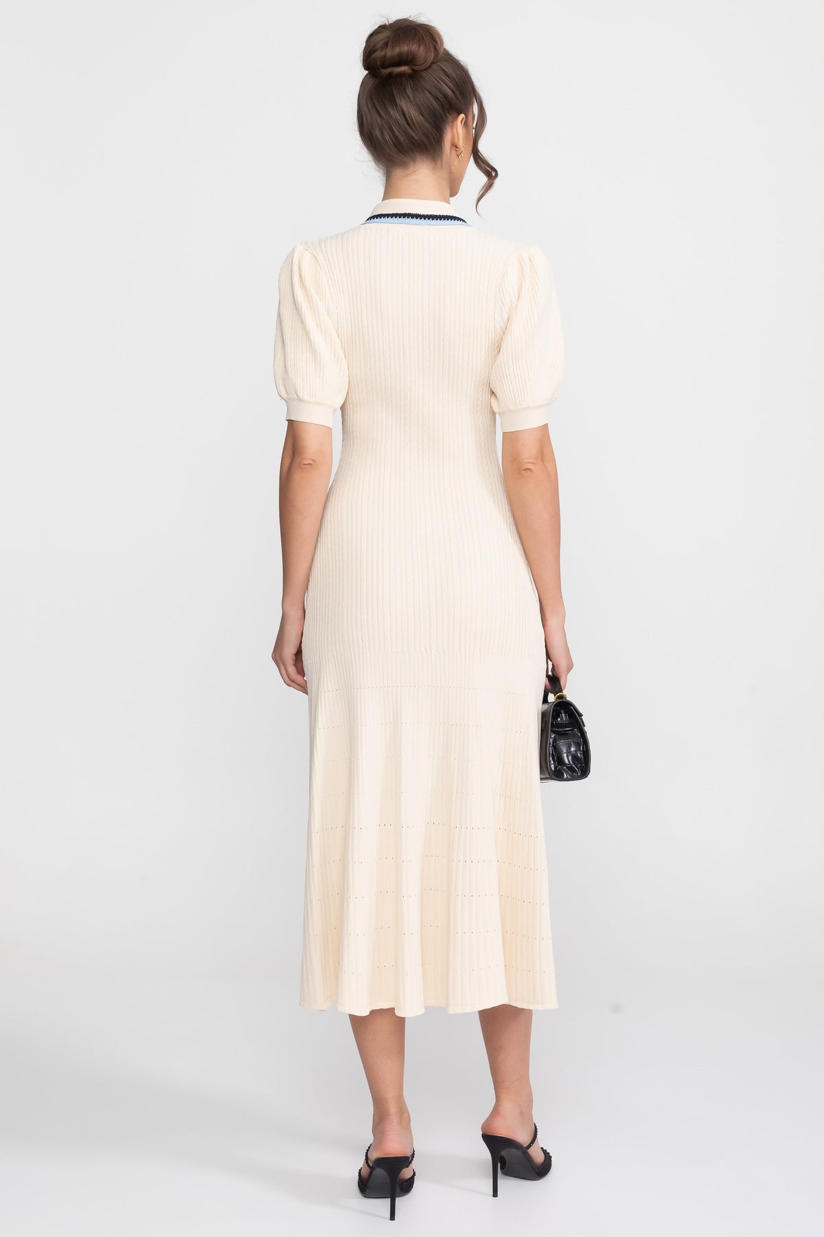 Short Sleeve Knit Midi Dress - Cream - View 5