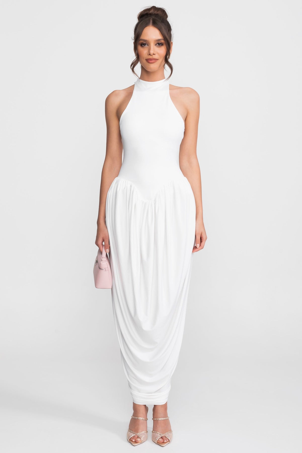 Halter-Neck Maxi Dress With Gathered Balloon Skirt - White - View 2