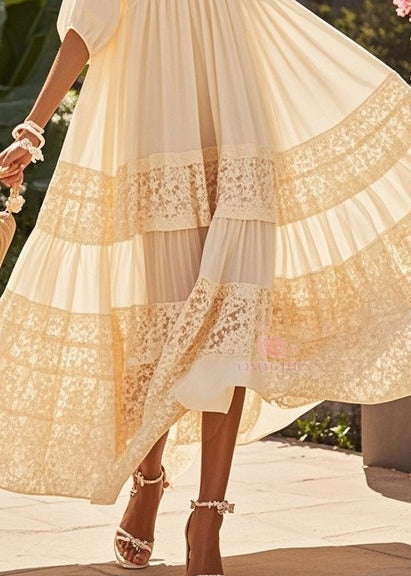 V-Neck Puff Sleeve Lace Trim Tiered Chiffon Maxi Dress - View 4
