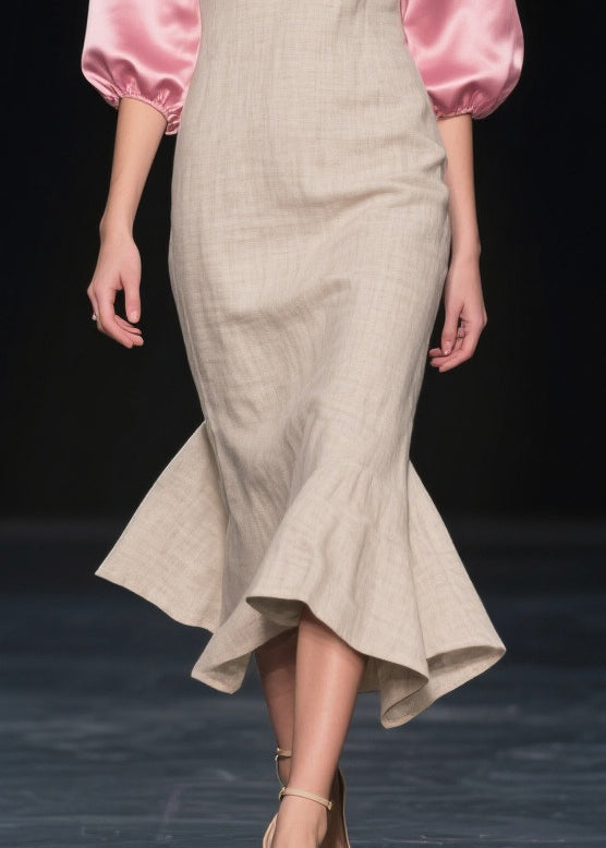 Beautiful Beige Puff Sleeve Patchwork Linen Silk Maxi Dress Summer - View 4