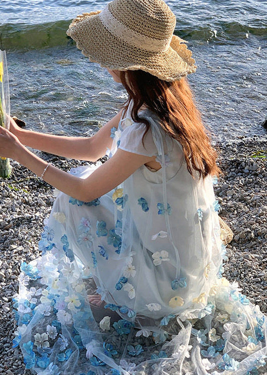Beautiful Blue Floral Chiffon Long Dresses Two Piece Set - View 4