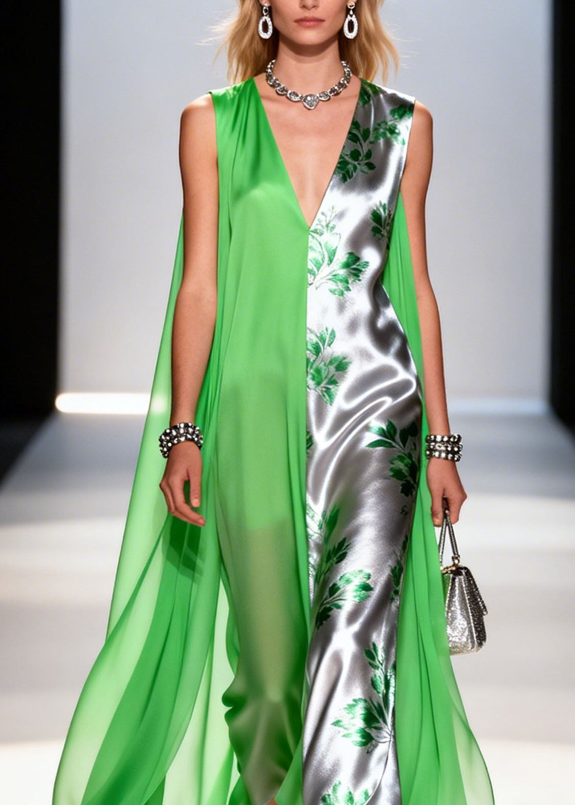 Leaf Print Split Panel Cape Overlay Deep V-Neck Asymmetric Gown - View 2