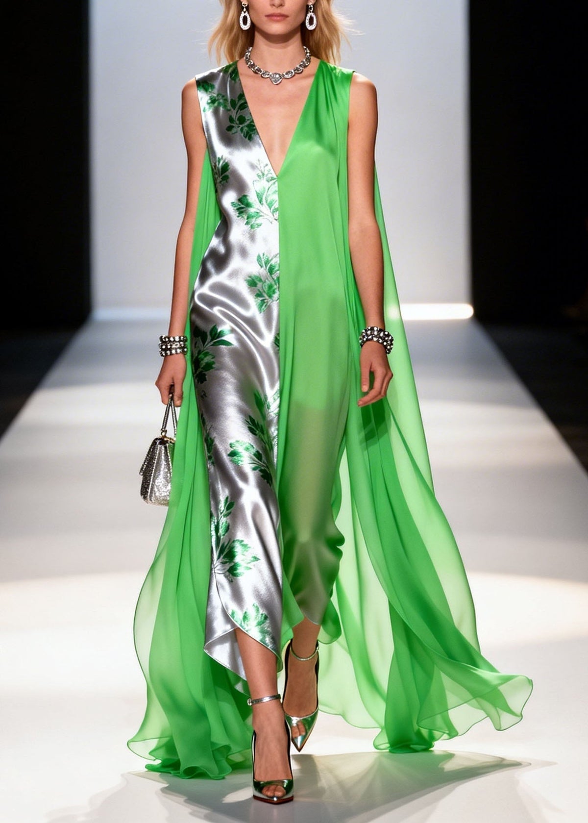 Leaf Print Split Panel Cape Overlay Deep V-Neck Asymmetric Gown - View 3
