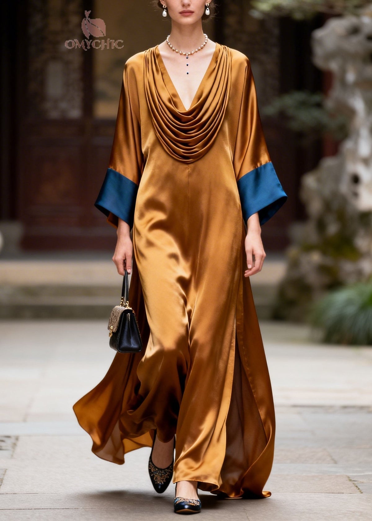 Satin Cowl Neck Draped Sleeve Contrast Cuff High Split Maxi Gown