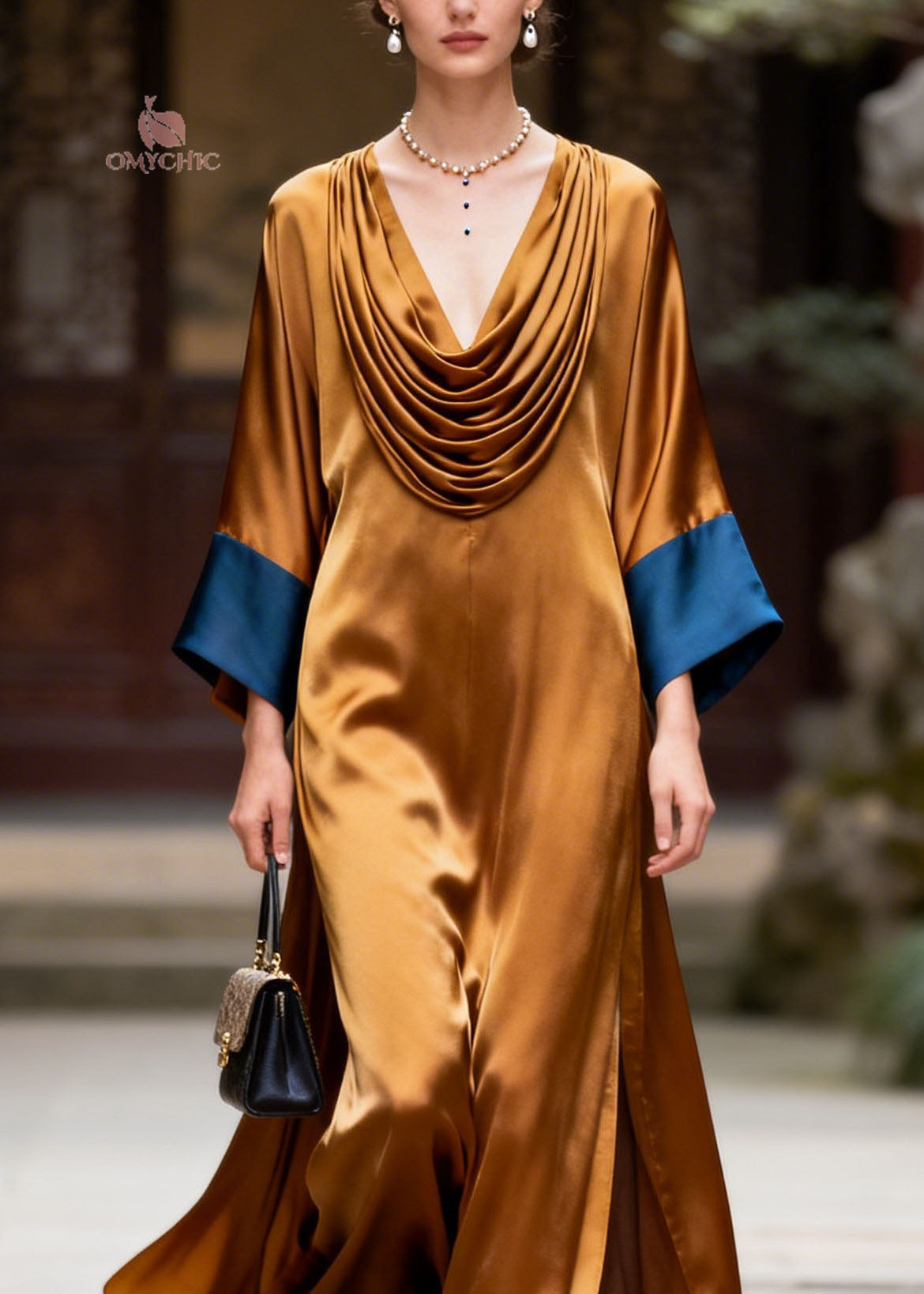 Satin Cowl Neck Draped Sleeve Contrast Cuff High Split Maxi Gown - View 2