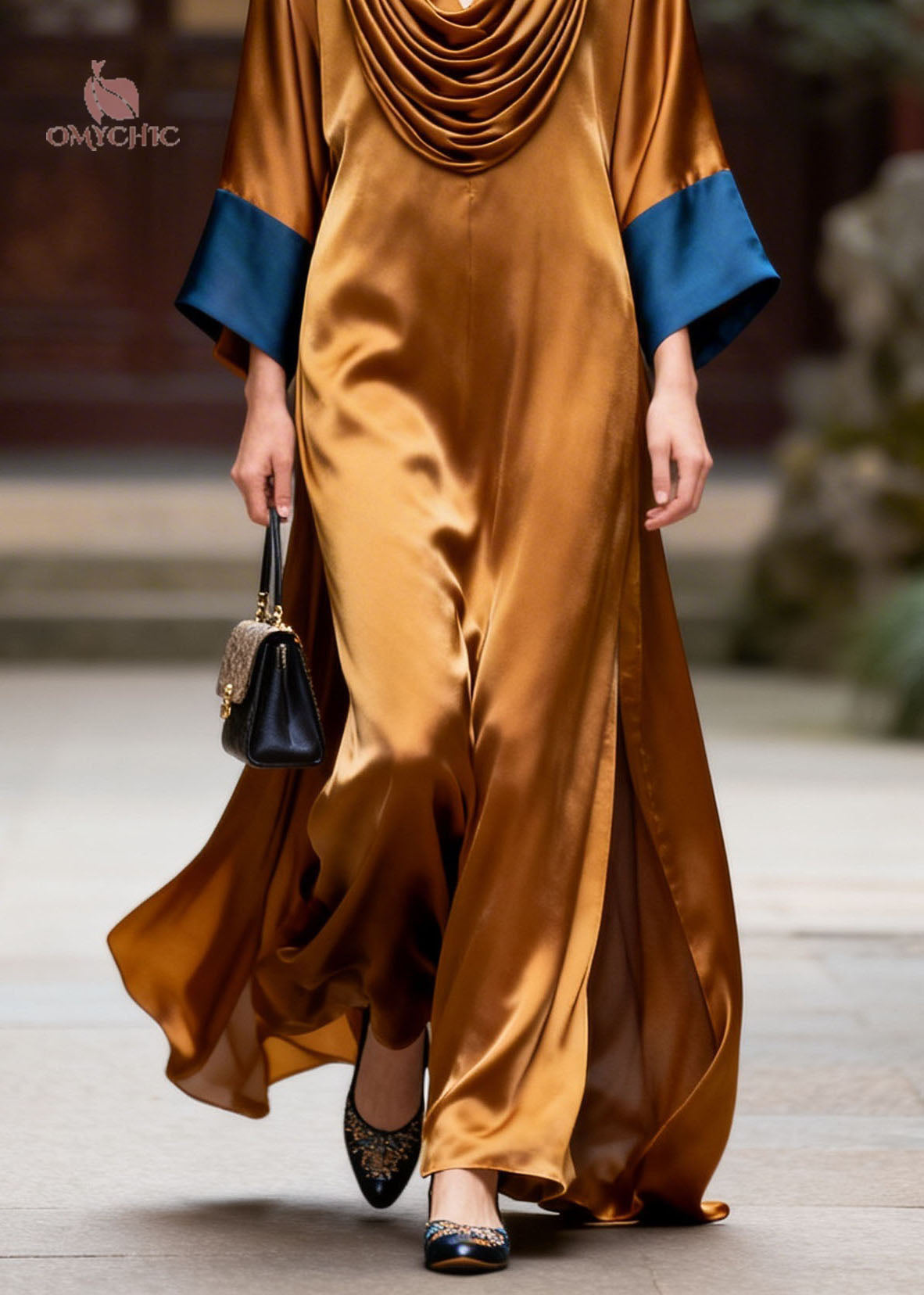 Satin Cowl Neck Draped Sleeve Contrast Cuff High Split Maxi Gown - View 4
