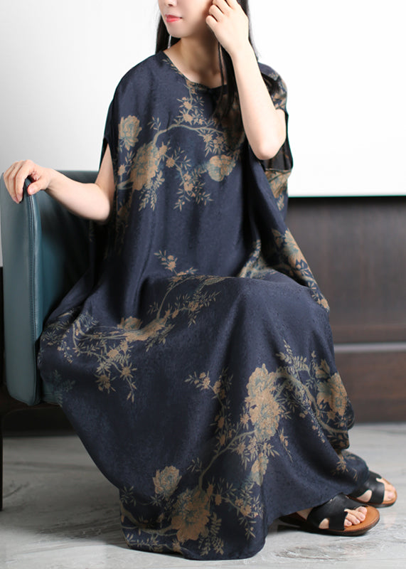 Round Neck Floral Print Satin Cocoon Maxi Dress - View 4