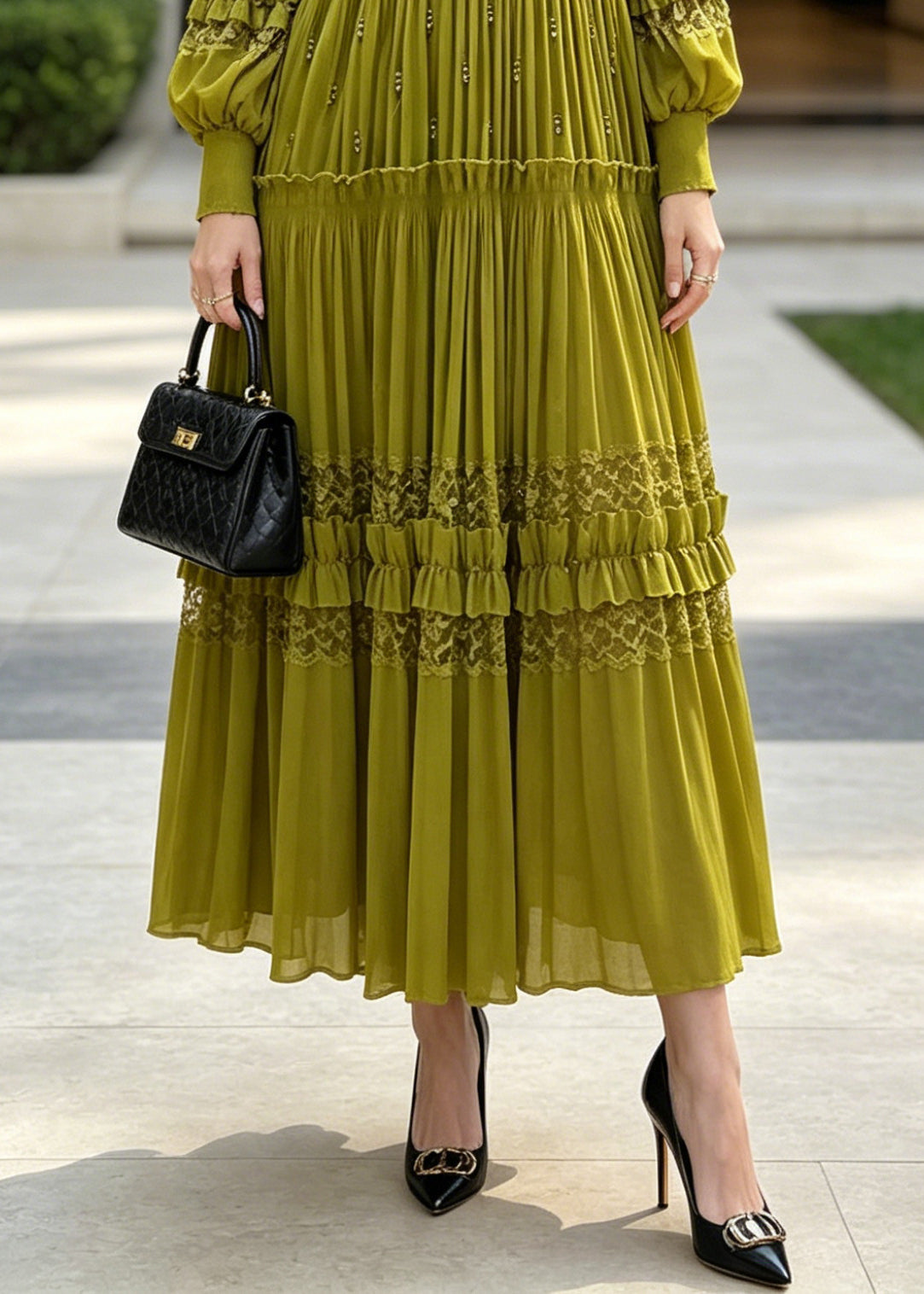 Crew Neck Long Sleeve Lace Trim Tiered Pleated Maxi Dress - View 4