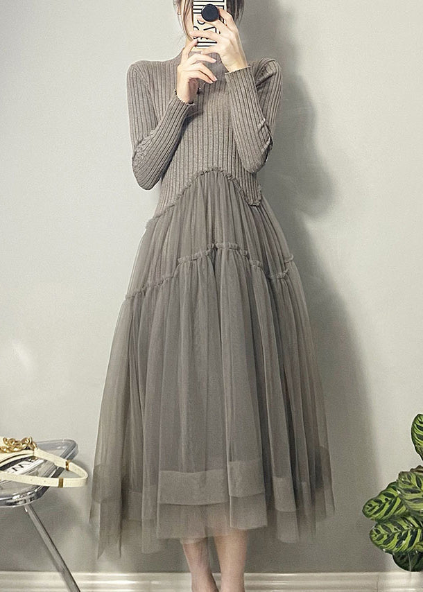 Knit Mock Neck Long Sleeve Tiered Tulle Midi Dress