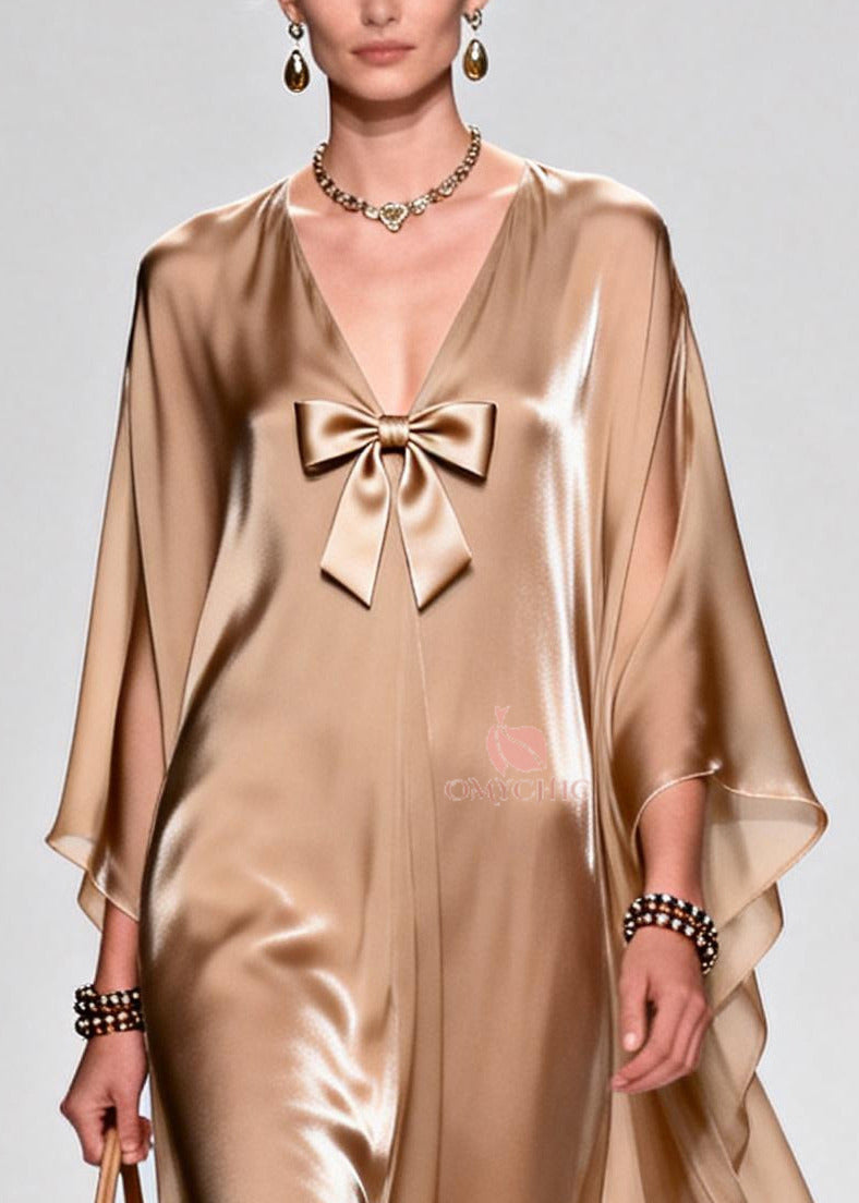 Beautiful Khaki Bow Exra Large Hem Draping Chiffon Maxi Dresses Summer - View 2