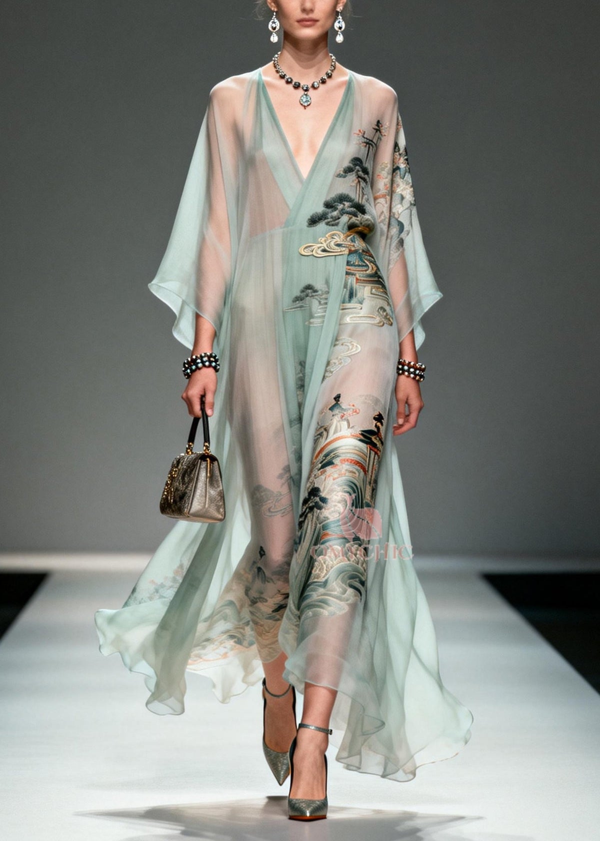 Chiffon Deep V-Neck Bell Sleeve Metallic Embroidered Maxi Gown