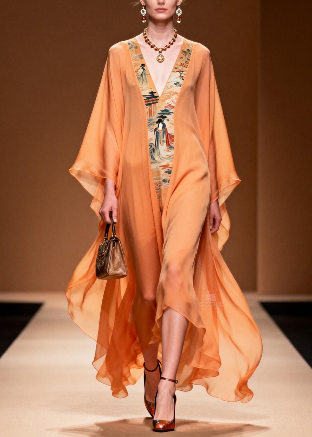 Oriental Tapestry Panel Deep V-Neck Sleeve Sheer Maxi Gown