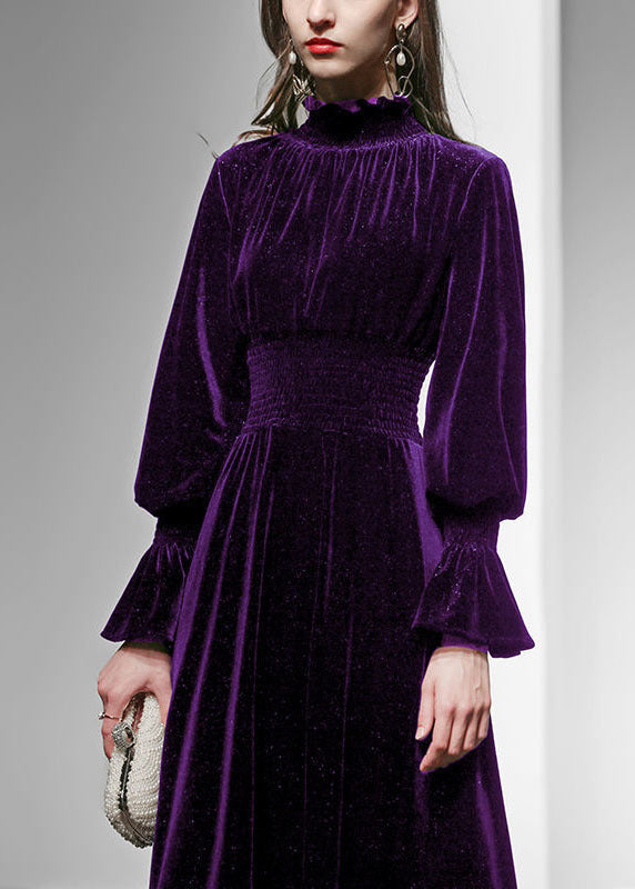 Velvet Smocked High Neck Bishop Sleeve Ruched Waist Maxi Dress - View 2