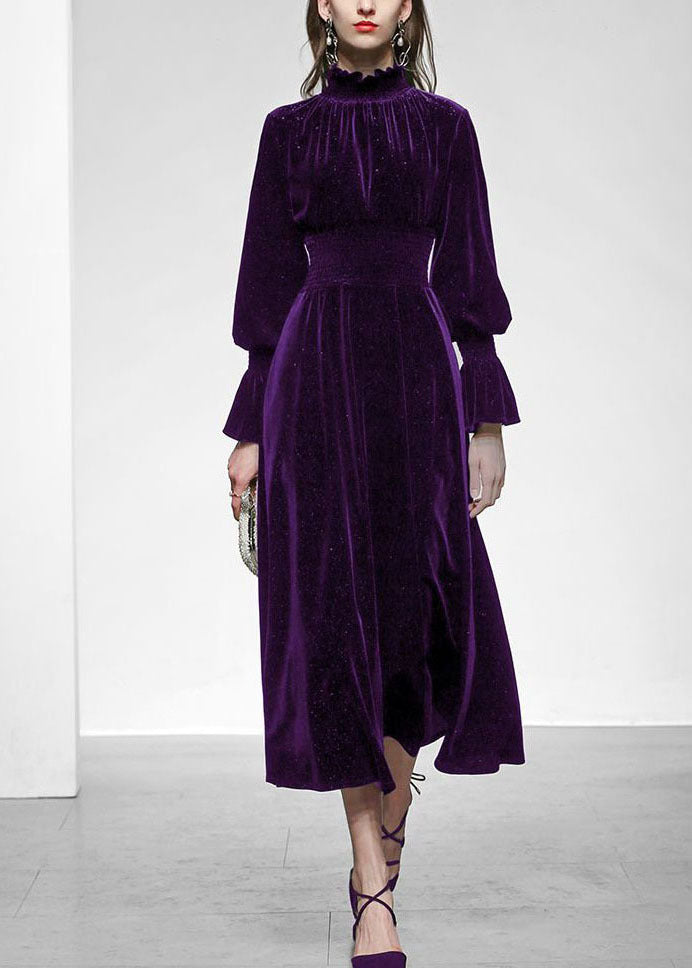 Velvet Smocked High Neck Bishop Sleeve Ruched Waist Maxi Dress - View 3