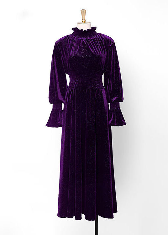 Velvet Smocked High Neck Bishop Sleeve Ruched Waist Maxi Dress - View 4