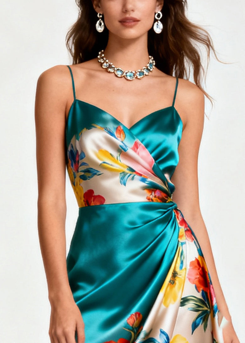 Floral Print Spaghetti Strap Wrap V-Neck Ruched Tulle Midi Dress - View 2