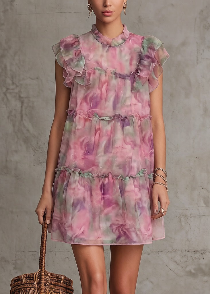 Beautiful Pink Ruffled Print Chiffon Mid Dress Summer - View 2