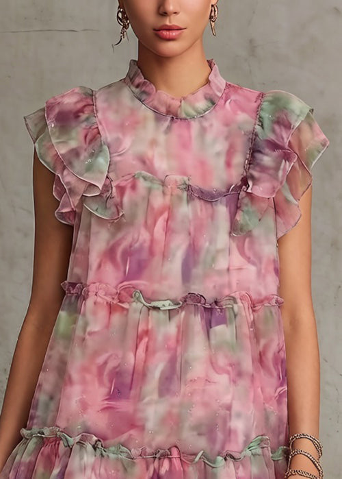Beautiful Pink Ruffled Print Chiffon Mid Dress Summer - View 4