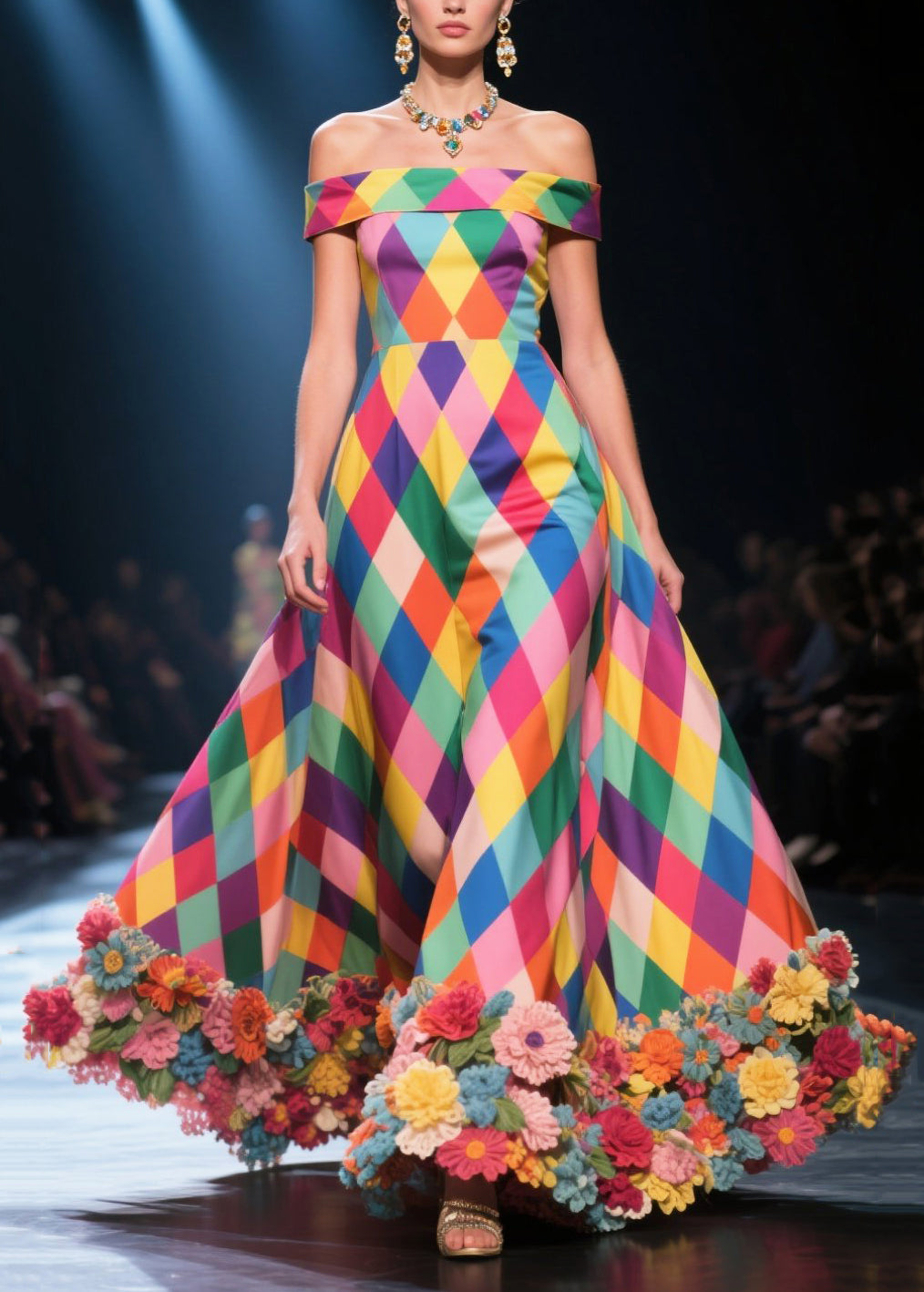 Off Shoulder Harlequin Diamond Print 3D Floral Hem Ball Gown - View 3