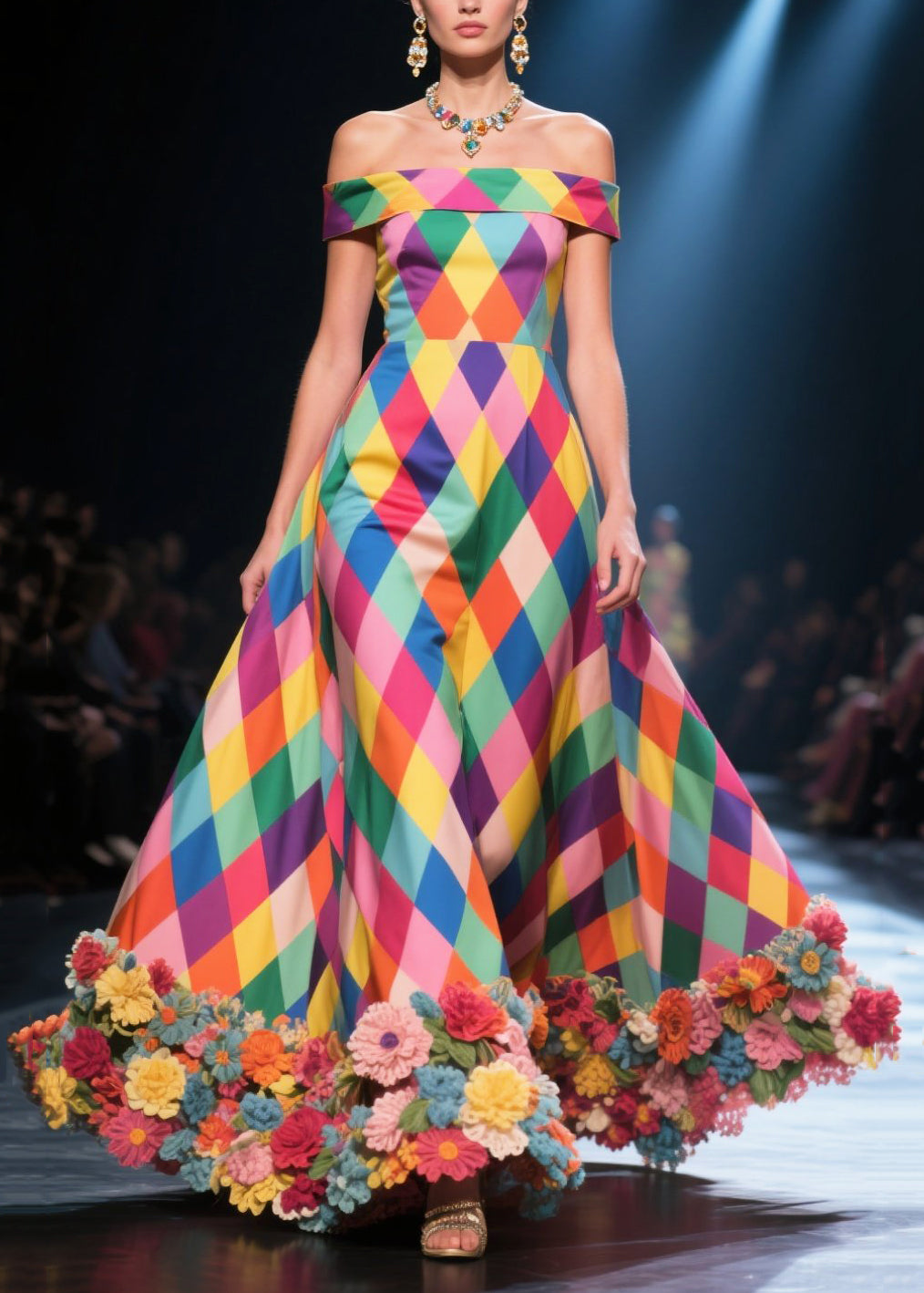 Off Shoulder Harlequin Diamond Print 3D Floral Hem Ball Gown - View 5