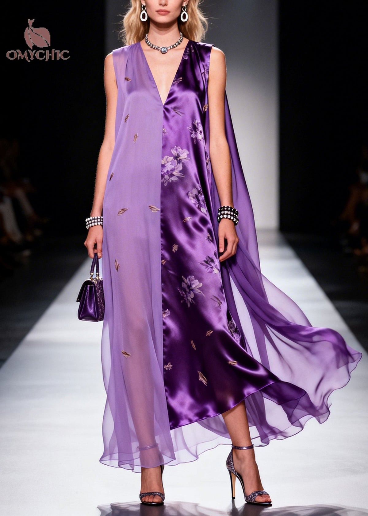 Sleeveless Deep V-Neck Floral Satin Embroidered Sheer Panel Cape Gown - View 3