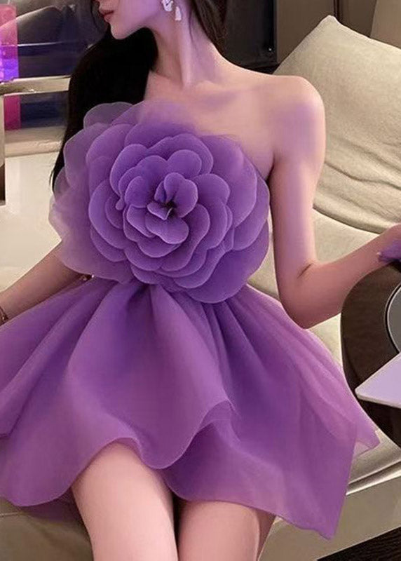 Organza Strapless 3D Flower Rosette Tiered Ruffle Mini Dress - View 3
