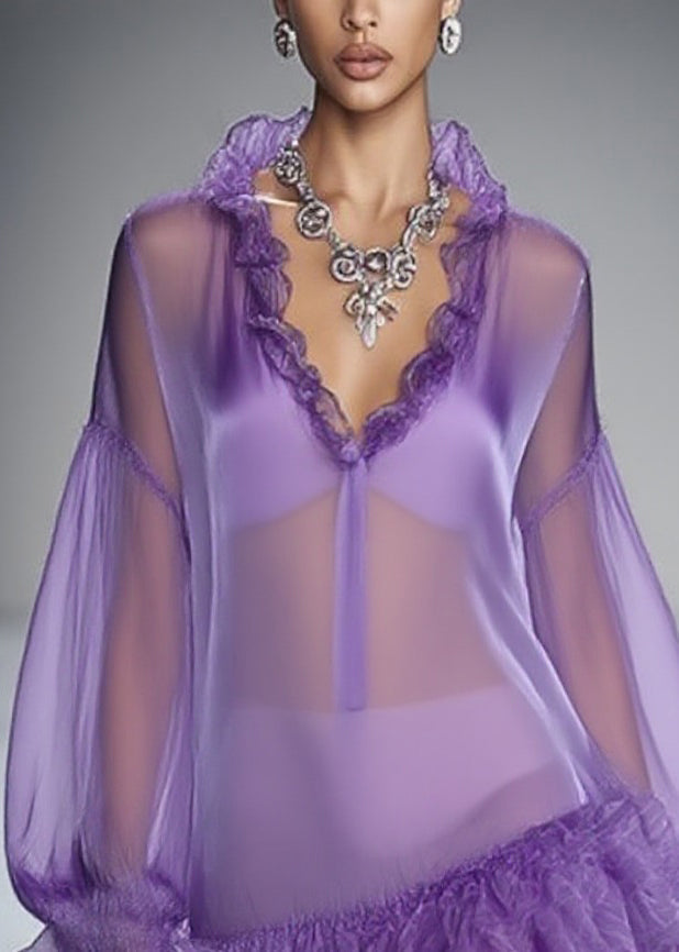 Beautiful Purple Ruffled Solid Tulle Mid Dress Spring - View 2