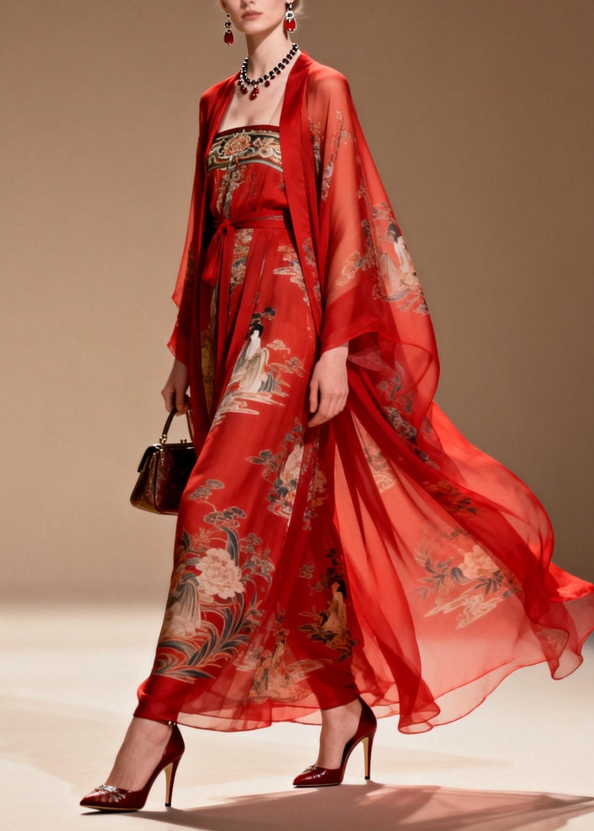 Chiffon Illustrative Print Sleeve Belted Two Piece Maxi Set