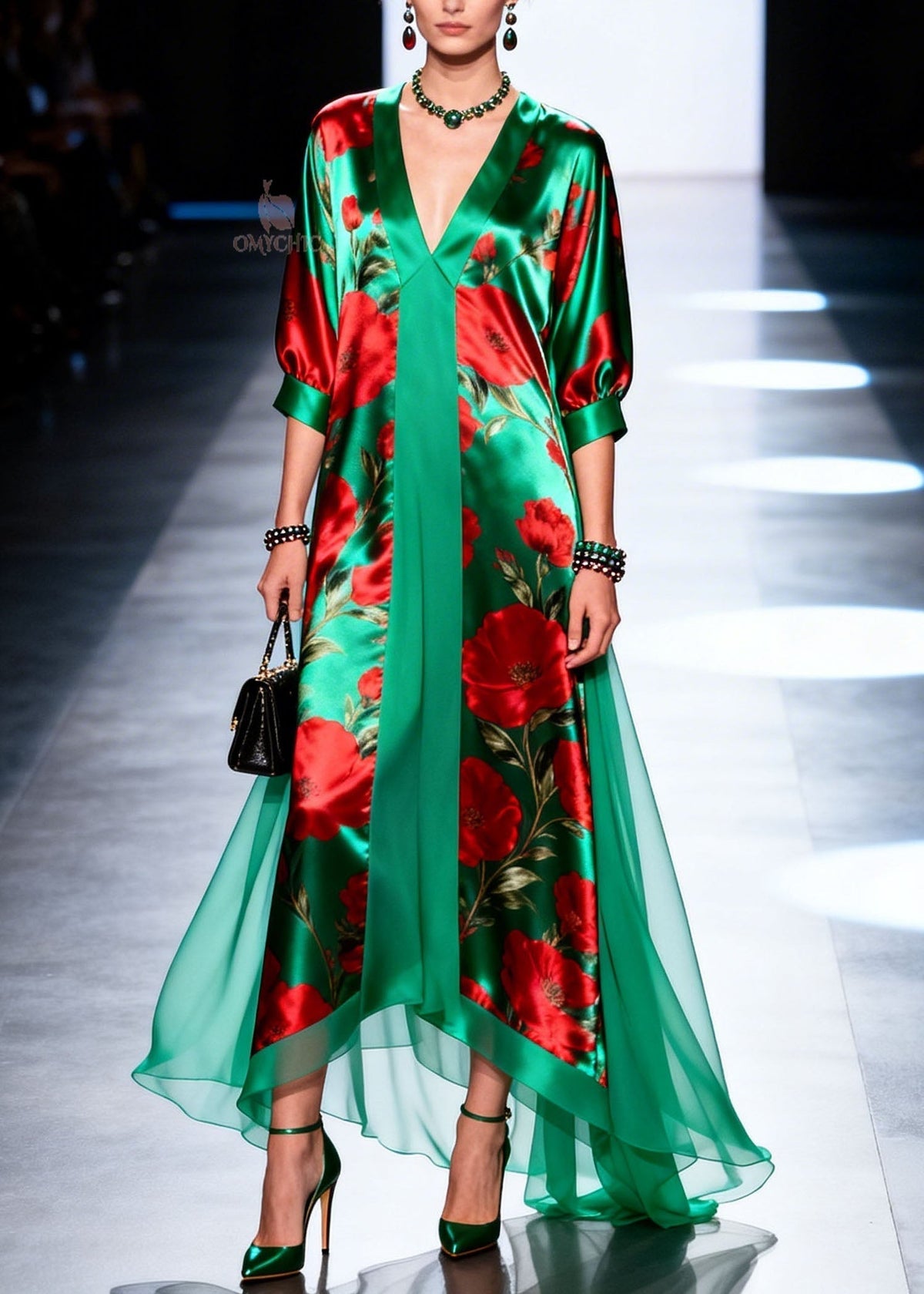 Beautiful V Neck Print Patchwork Chiffon Maxi Dresses Summer - View 3