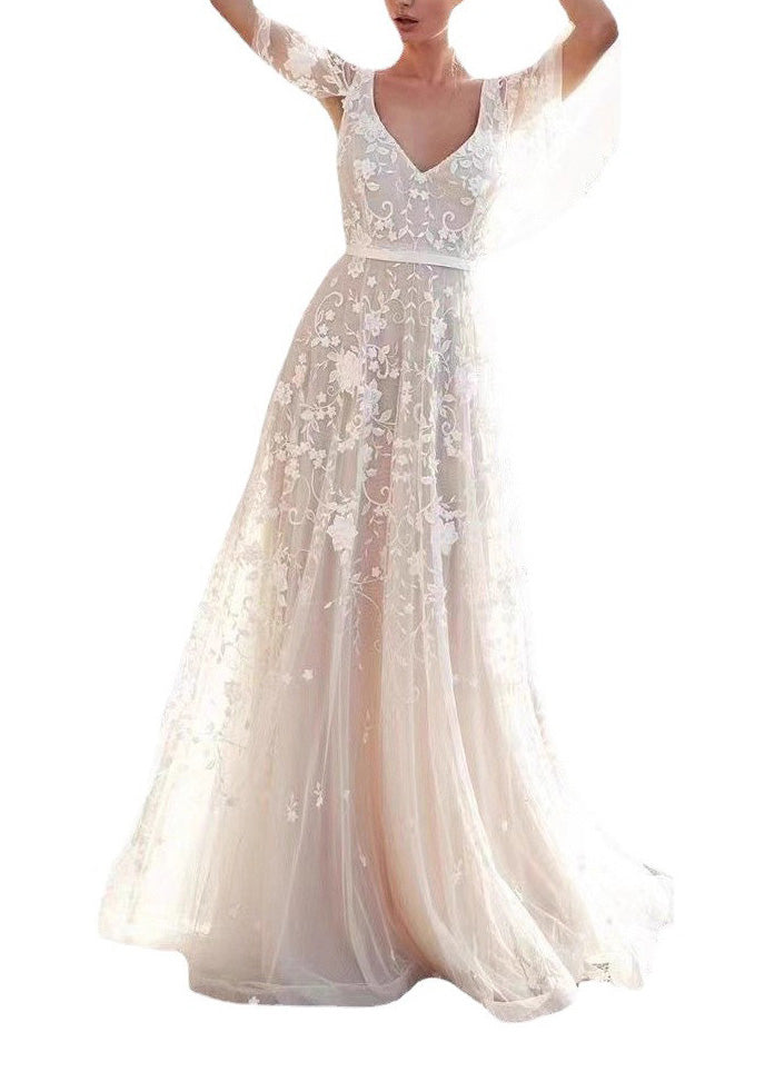 Beautiful White V Neck Backless Tulle Lace Long Dress Summer - View 4