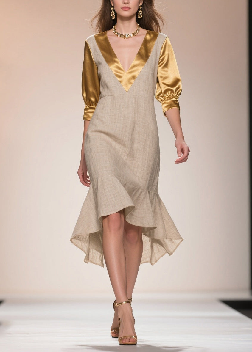 Faux Two-Piece Deep V-Neck Three Quarter Puff Sleeve Midi Dress - View 3