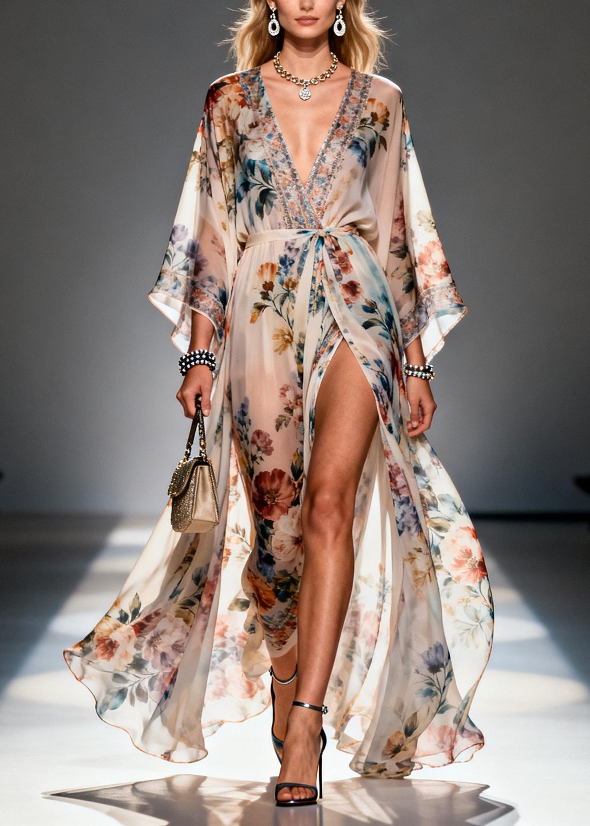 Beige Print Chiffon Maxi Dresses Exra Large Hem Side Open Summer - View 5