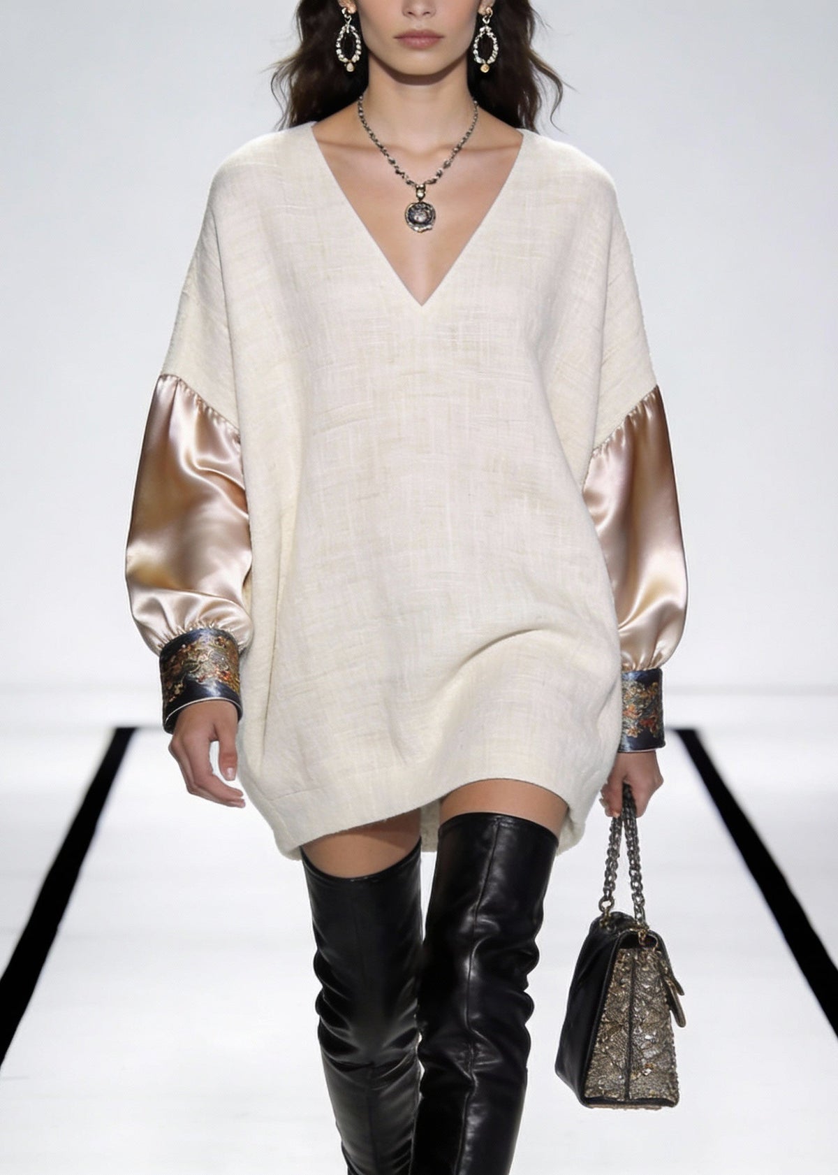 V-Neck Long Sleeve Embroidered Cuff Woven Patchwork Mini Dress - View 5