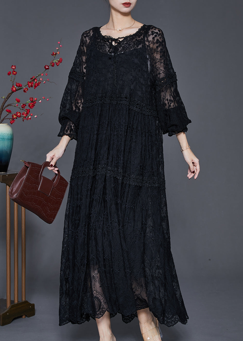 Floral Lace V-Neck Lace Up Long Sleeve Tiered Maxi Dress - View 3