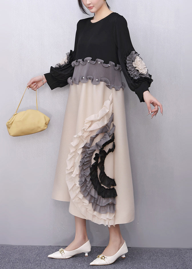 Black Nail Bead Floral Patchwork Fall Maxi Dresses Ruffled - View 3
