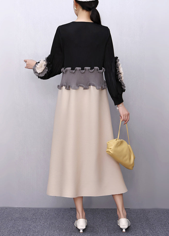 Black Nail Bead Floral Patchwork Fall Maxi Dresses Ruffled - View 4