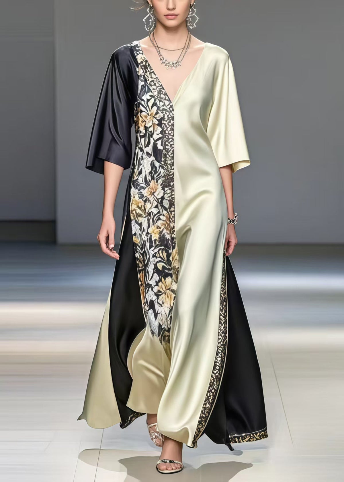 Satin Deep V-Neck Color Block Floral Panel Asymmetrical Maxi Gown