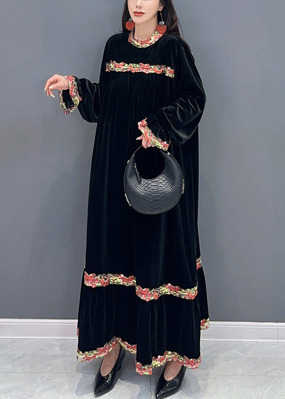 Velvet Long Sleeve Crew Neck Embroidered Band Tiered Maxi Dress - View 3