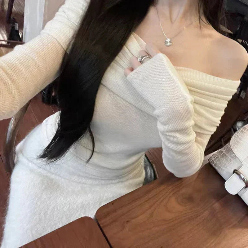 Sexy Slash Neck Pleated Knitted Sweater