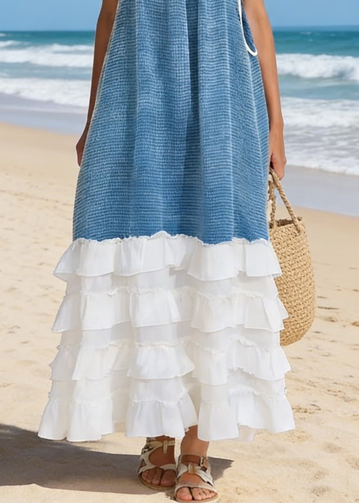 Blue Lace Up Ruffled Patchwork Cotton Spaghetti Strap Dress Sleeveless - View 4