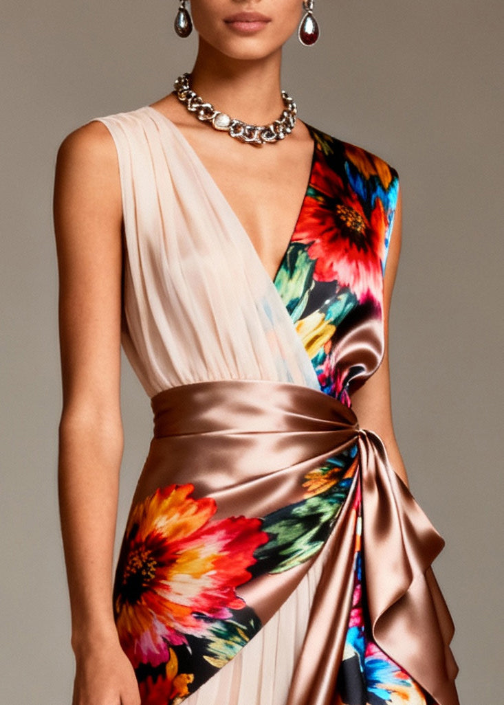 Floral Print Deep V-Neck Sleeveless Pleated Panel Party Dress - View 2