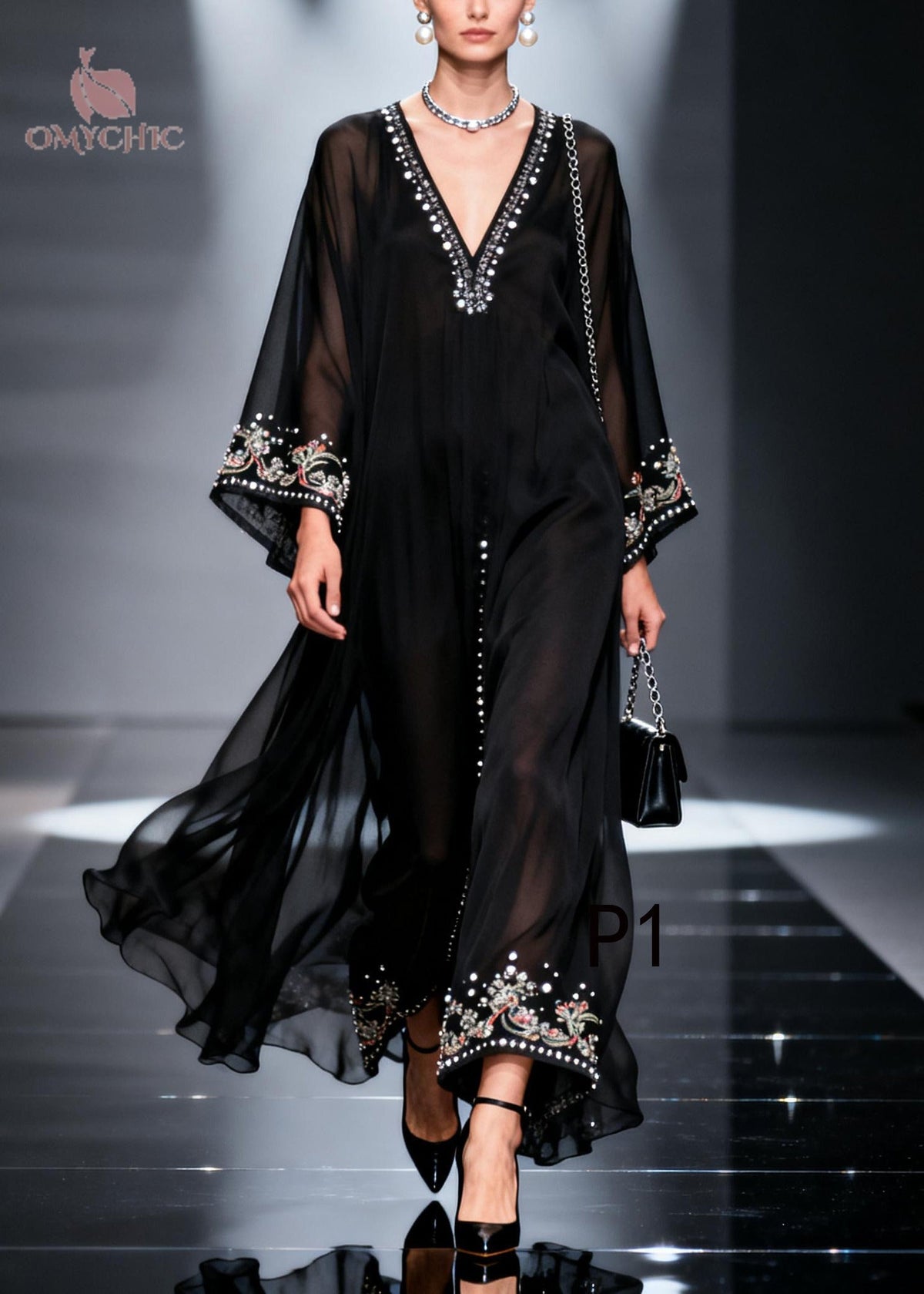 Sheer Chiffon Deep V-Neck Embroidered Bell Sleeve Maxi Gown