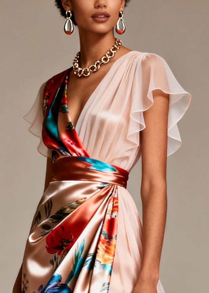 Satin Chiffon Floral Print Deep V-Neck Flutter Sleeve Midi Dress - View 2