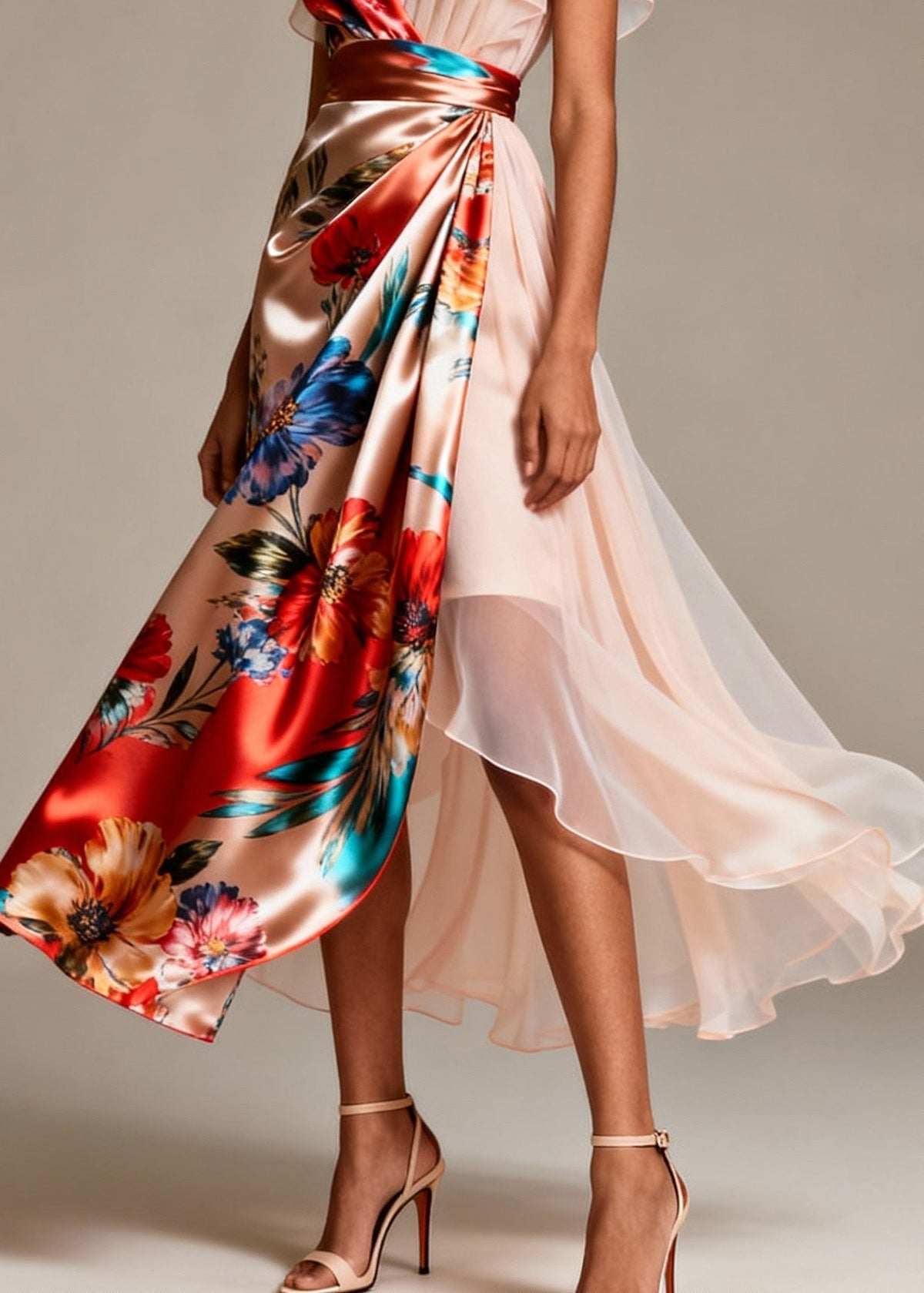 Satin Chiffon Floral Print Deep V-Neck Flutter Sleeve Midi Dress - View 4
