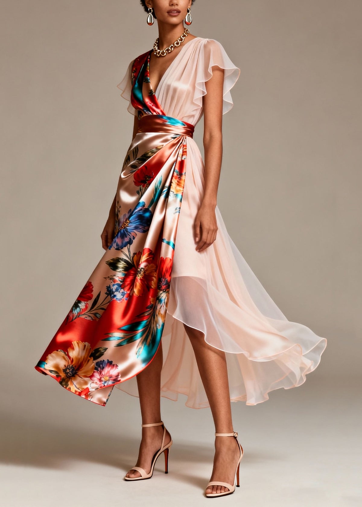 Satin Chiffon Floral Print Deep V-Neck Flutter Sleeve Midi Dress - View 5