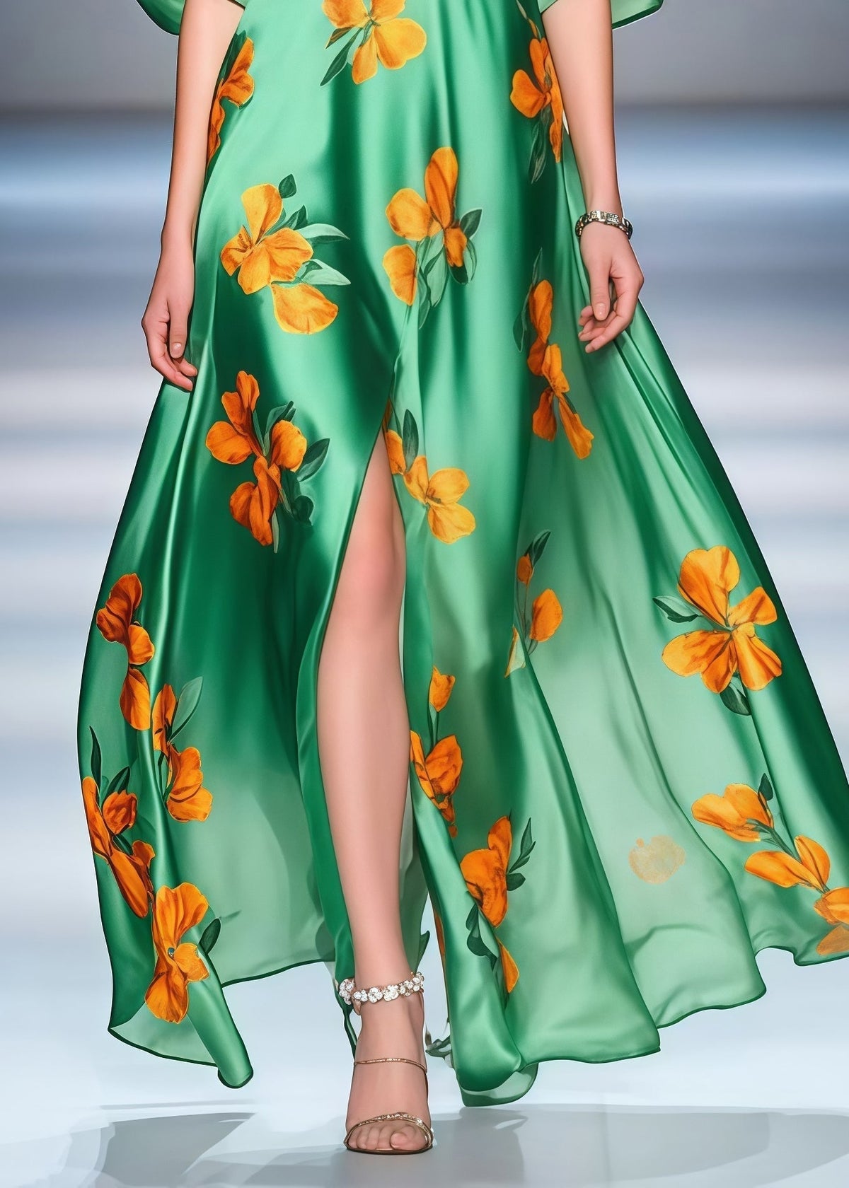 Floral Print Deep V-Neck Puff Sleeve High Split Maxi Party Dress - View 4