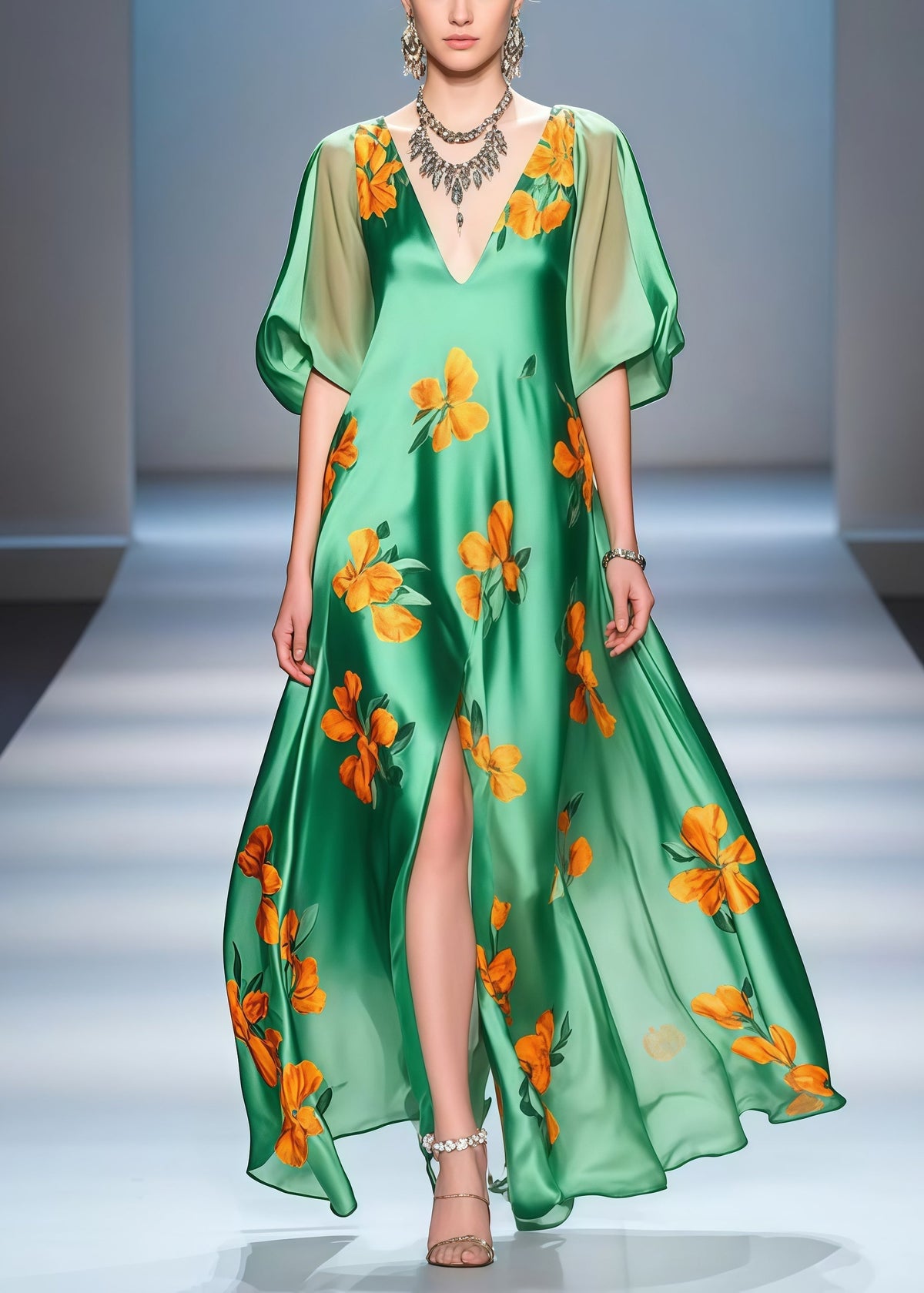 Floral Print Deep V-Neck Puff Sleeve High Split Maxi Party Dress - View 5