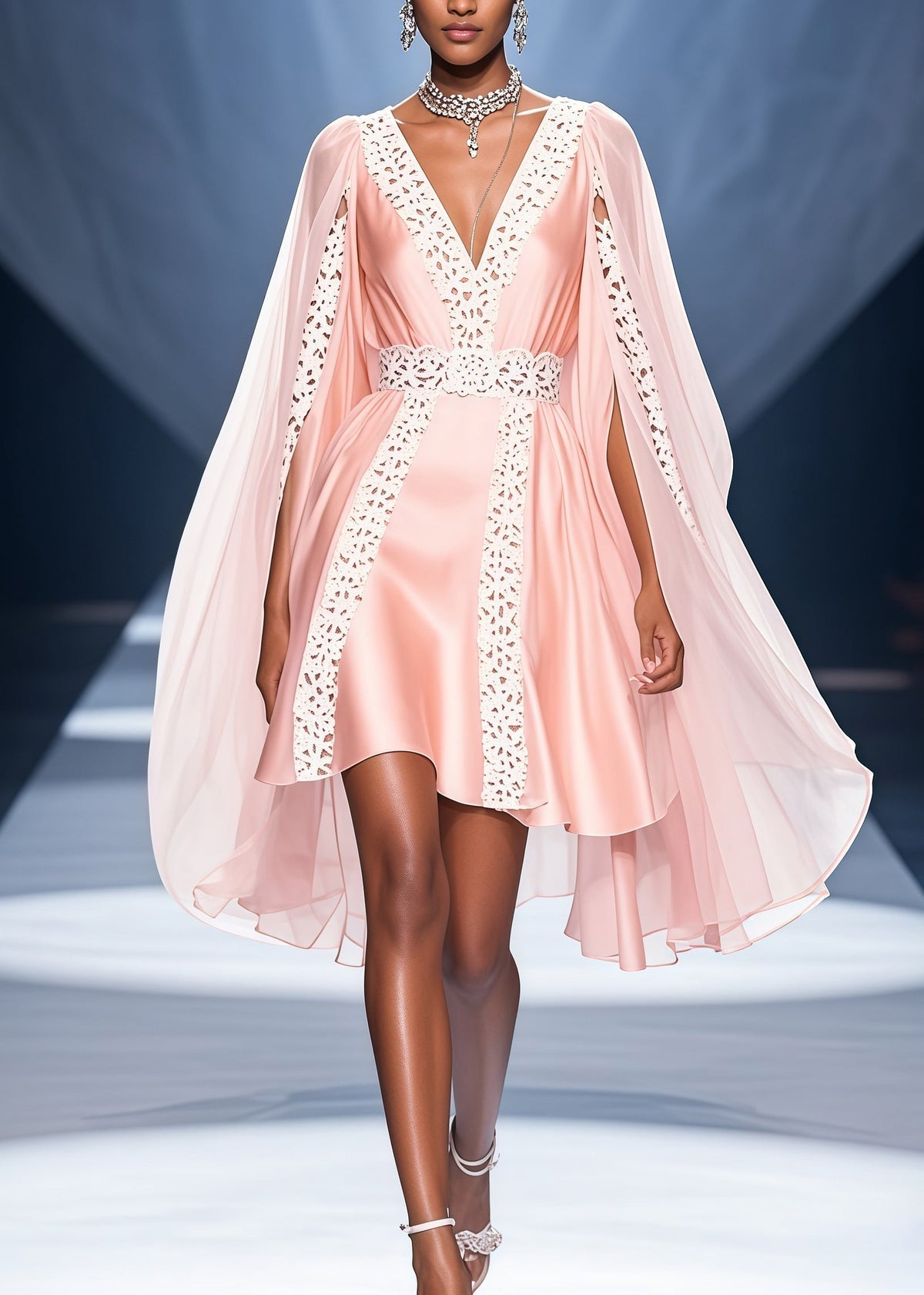 Deep V-Neck Satin Lace Trim High Low Cape Overlay Mini Dress - View 5