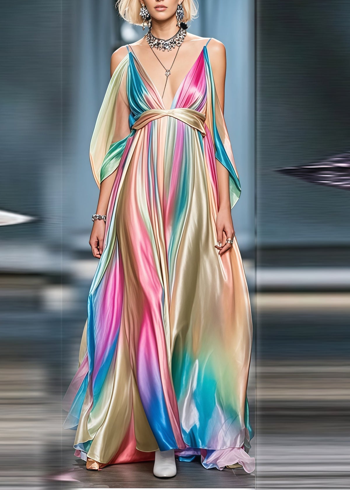 Spaghetti Strap Deep V-Neck Satin Empire Waist Maxi Gown - View 5